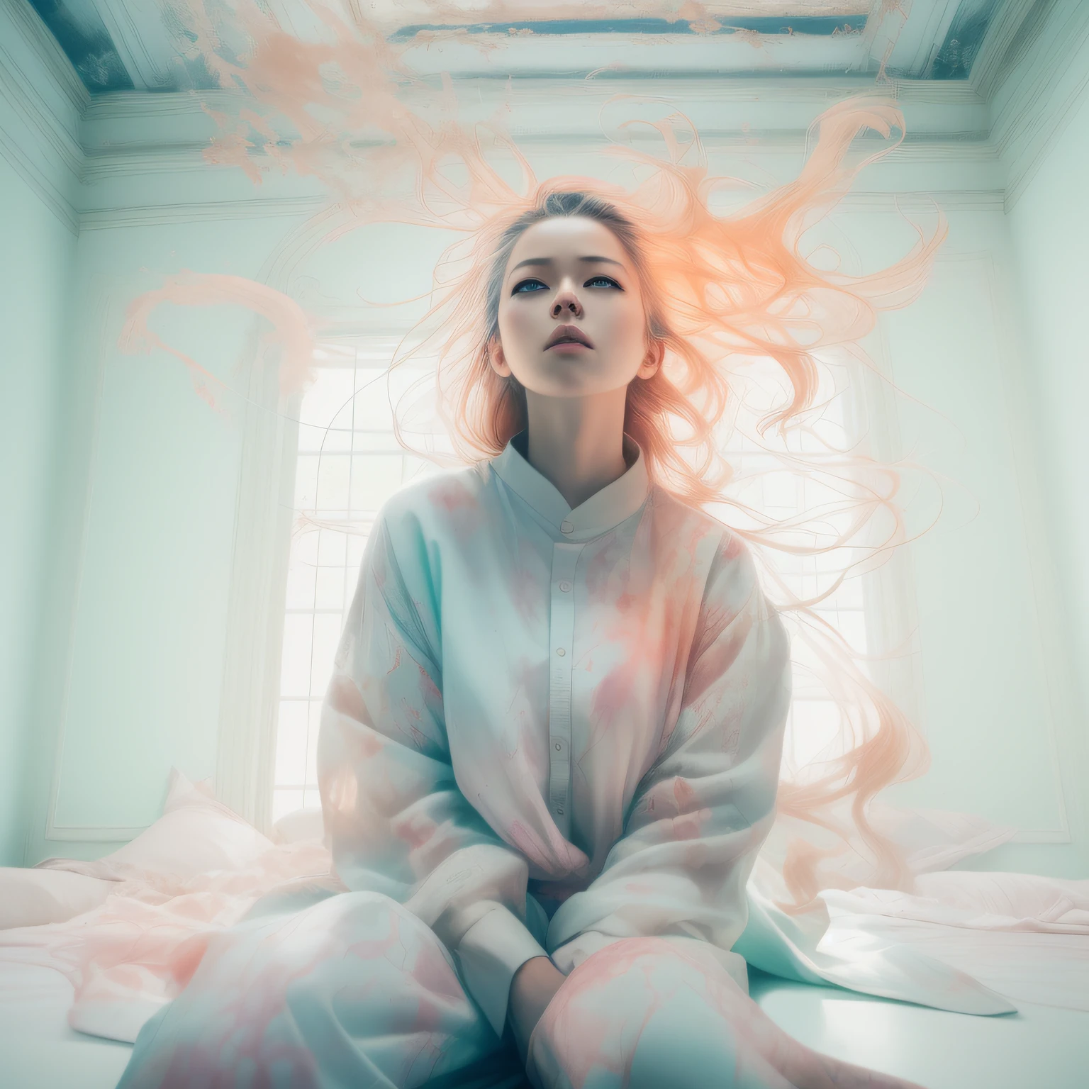 a woman of agnes cecile、Bright design、PastelColors、Ink dripping、Spring light、Glenn Brown Style Futuristic Room、power of the god、high-angle shot、dynamic pose, action pose, open pose, dynamic angle,Analog 150mm lens、Beautiful Natural Soft Rim Light、dramatic shadows、(Kazuki Umezawa)
