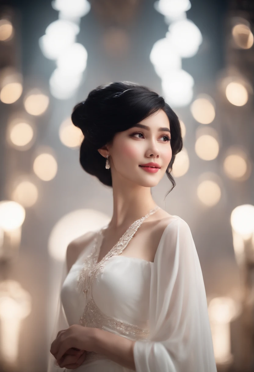 Smile, Black hair, Delicate face, Facing the audience, Masterpiece, Best quality, Super fine, Best shadow , Disney style, BEST lighting , Cinematic light , White skin tone,Fully transparent white clothes