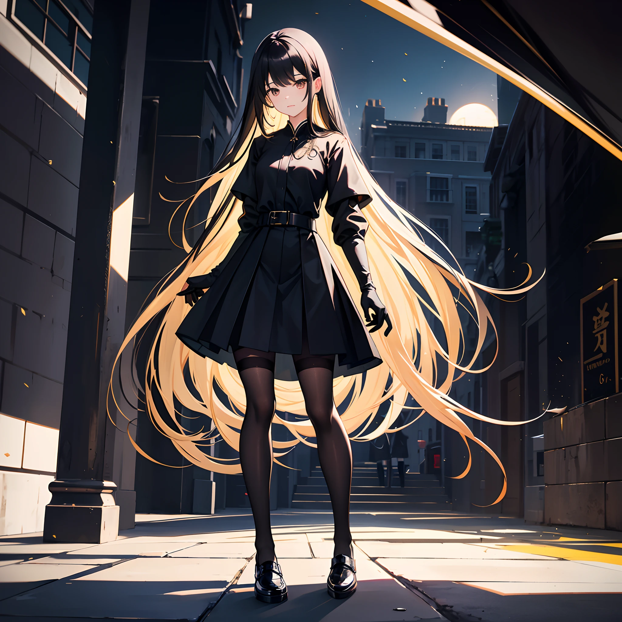 Standing full body portrait,17-year-old girl,E cup,Long straight black hair,Black colored eyes,Green Chinese school uniform,Black silk gloves,Black silk pantyhose,Black silk tights,black sneaker shoes,Streets at night