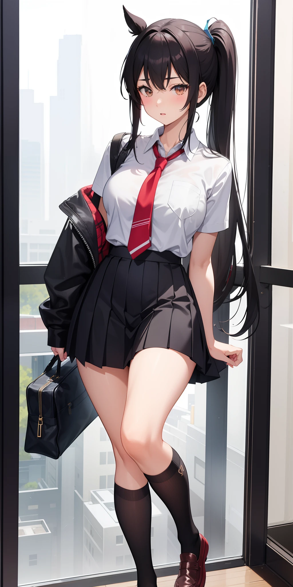 At school, a woman, sexy, frontal, long black hair, black short skirt, bag, angry, abusive, super detailed, 4k