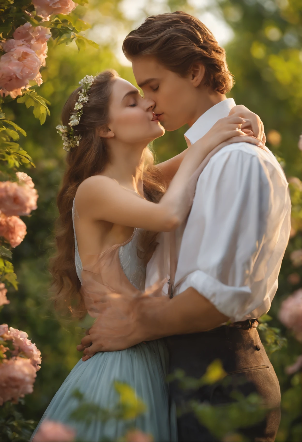 A boy kissing a girl on her forehead. And girl looks at his eyes,they are standing in beautiful garden and the weather is nice and pleasant day