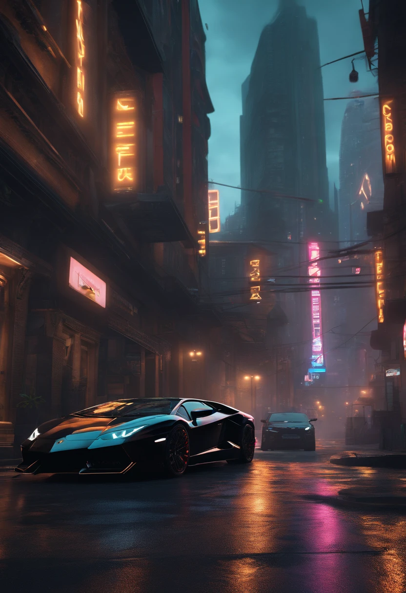 Black carbon Lamborghini In cyberpunk city realistic 3d