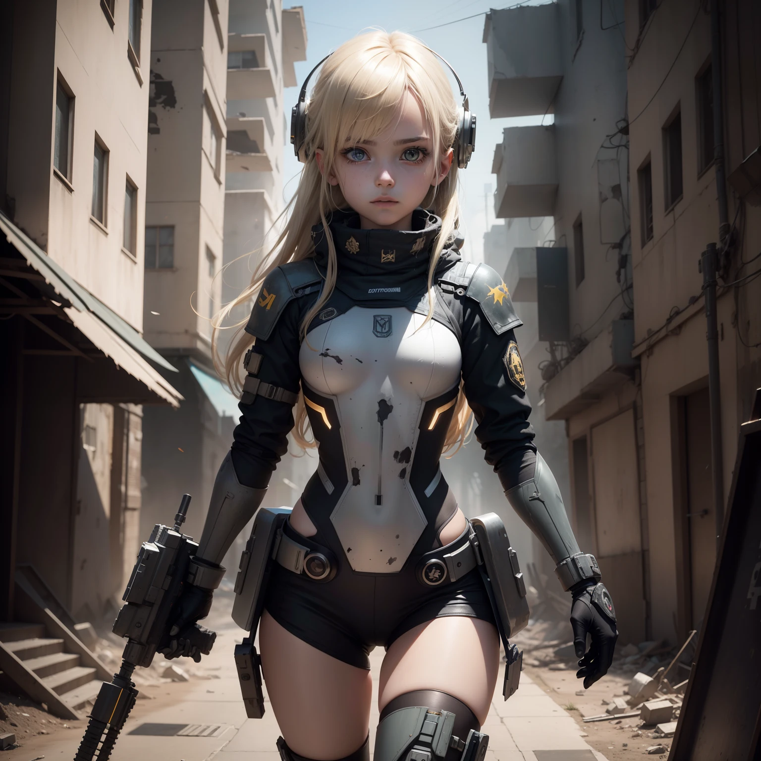 Destroyed towns,Half of the body is a robot,ukrainian girl , Ukrainian anime girls , , Ukraine ,  Full body composition of young girl with messy bright blonde hair, eye make up, 13 year old,  Soft lighting, Solo, Old torn dirty shabby futuristic military uniform, badges, Pose, Blotch color, Octane Render, Hyperrealistic intricate detail, Cinematic, 8K resolution, 70mm, Accent Lighting, Global Illumination, Full body portrait, clean detailed faces, intricate clothing, Cute face, flat chest, Slim waist, Slim legs, small hips,Wearing a thick steel combat suit,Holding a combat helmet in your hand,half of the body is destroyed、Body machinery is exposed,Holding a Gatling gun in his hand,