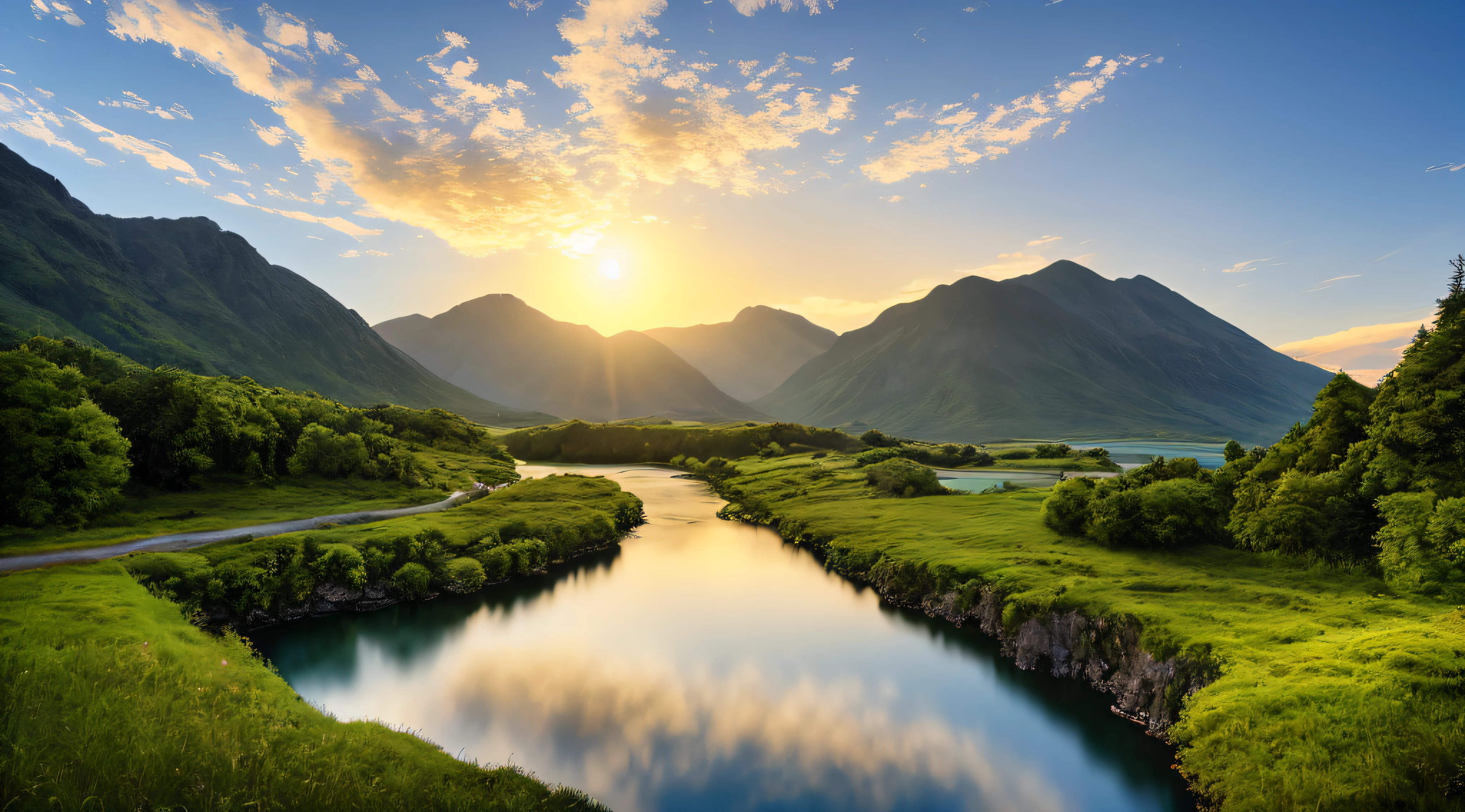Masterpiece, Ultimate quality, CG unity 8k wallpaper, Super delicate, beautiful sky and clouds, Rich natural scenery, precipice, Lakes and rivers, Trout and salmon jump on waterfalls and flying water, Beautiful green mountains, no trace of people, Excellent view, Have won a photo contest, The background is blurred out, full depth of fields, HDR high dynamics, Real recovery, Intricate, extreme hight detail, Dramatic presentation, Perfect for midway art style.