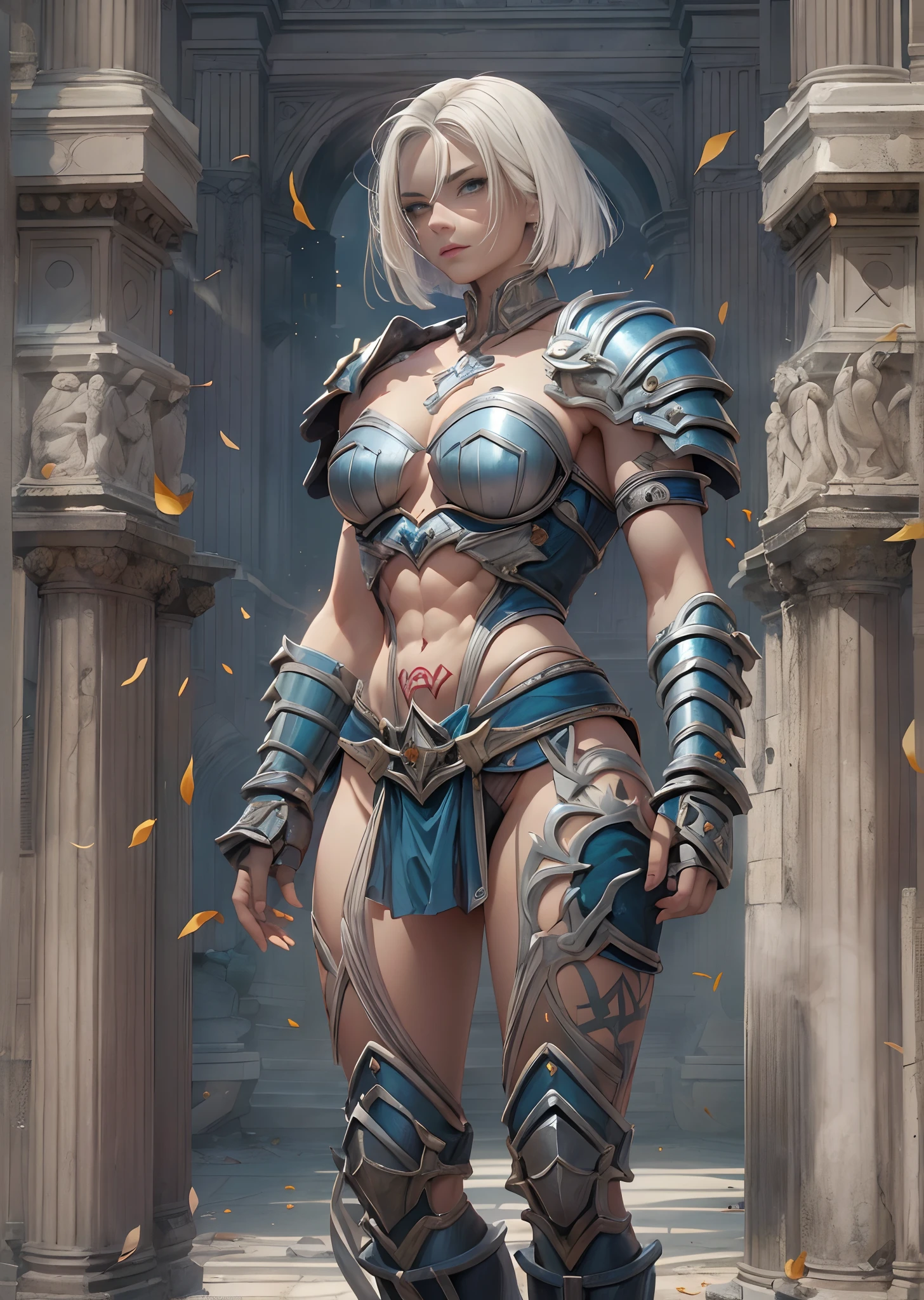 (((of the highest quality: 1.4))),(unparalleled masterpiece ever), (Ultra high definition),(Ultra realistic 8K CG), (((adult body))), (((1girl in))), ((( Bob Shorthair ))), Gladiators with perfect bodies,,Beautiful and well-groomed face,muscular body:1.4,Detailed breastplate, gauntlets、is standing, (Image from head to thigh),(( White Blonde Bob Shorthair )),, Simon Bisley's urban savage style,Detailed ancient Roman background,Clean abs, Complex equipment, Dark blau with white stars and gray and white stripes,,s Armor, (Poison tattoo)