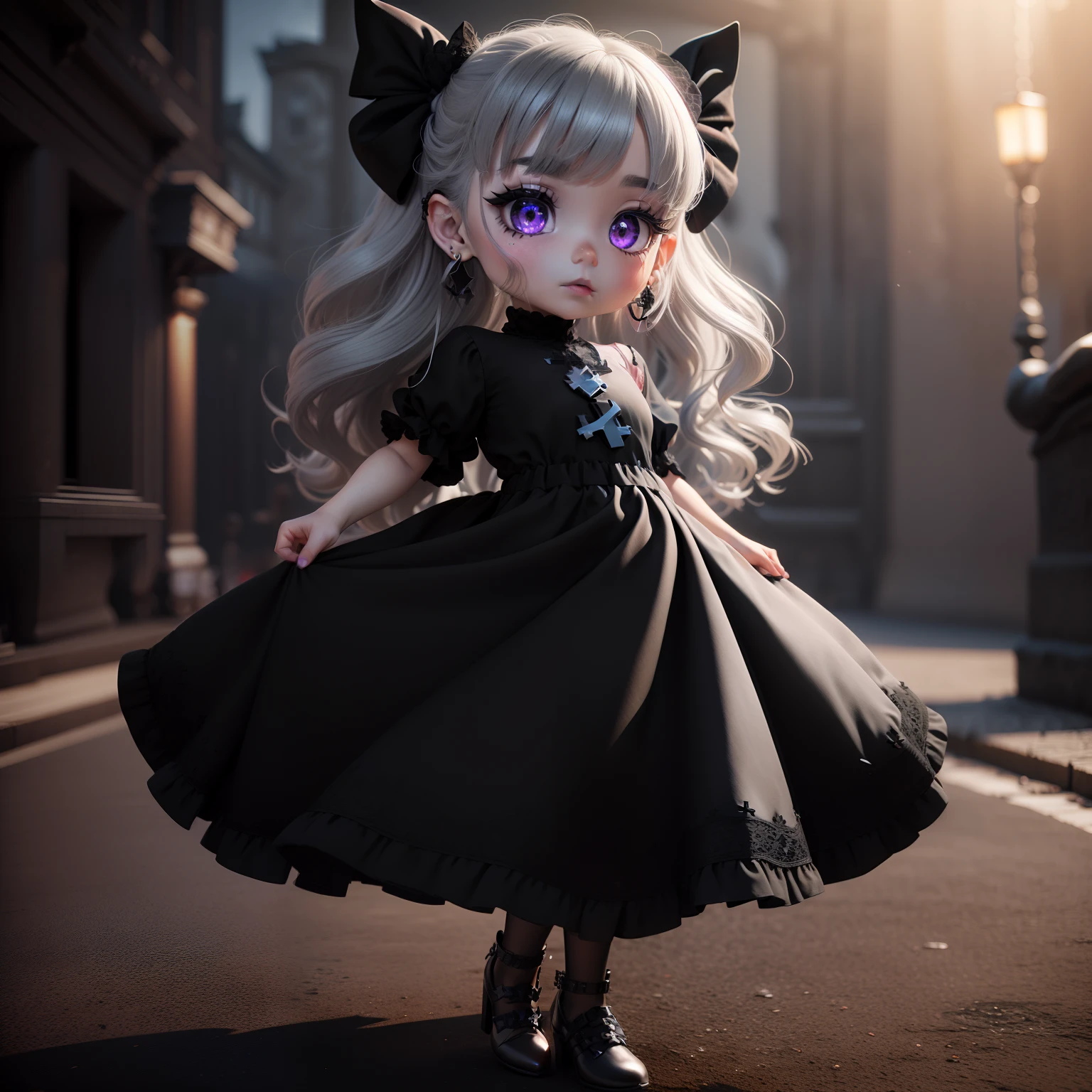 Cute  Chibi Anime,(((Chibi 3D))) (Best Quality) (Master Price)、BREAK gothic lolita dress, ((wearing (black:1.4) and (dark blue:0.8) very long dress:1.4) with cross motif and lace edges:1.4)), (wearing short sleeves and square neckline:1.4), ((wearing very long skirt:1.4) with bow on waist:1.4), (wearing (black stockings:1.4) and (black shoes with heels:1.4)), 
BREAK (wearing cross motif earrings:1.2), 
BREAK (gray hair color:1.4), (medium hair with (vertical rolls:1.4) and bangs:1.3).
(thick erotic purple eye shadow, purple eyes, black lip, glowing eye, eye trail:1.2),