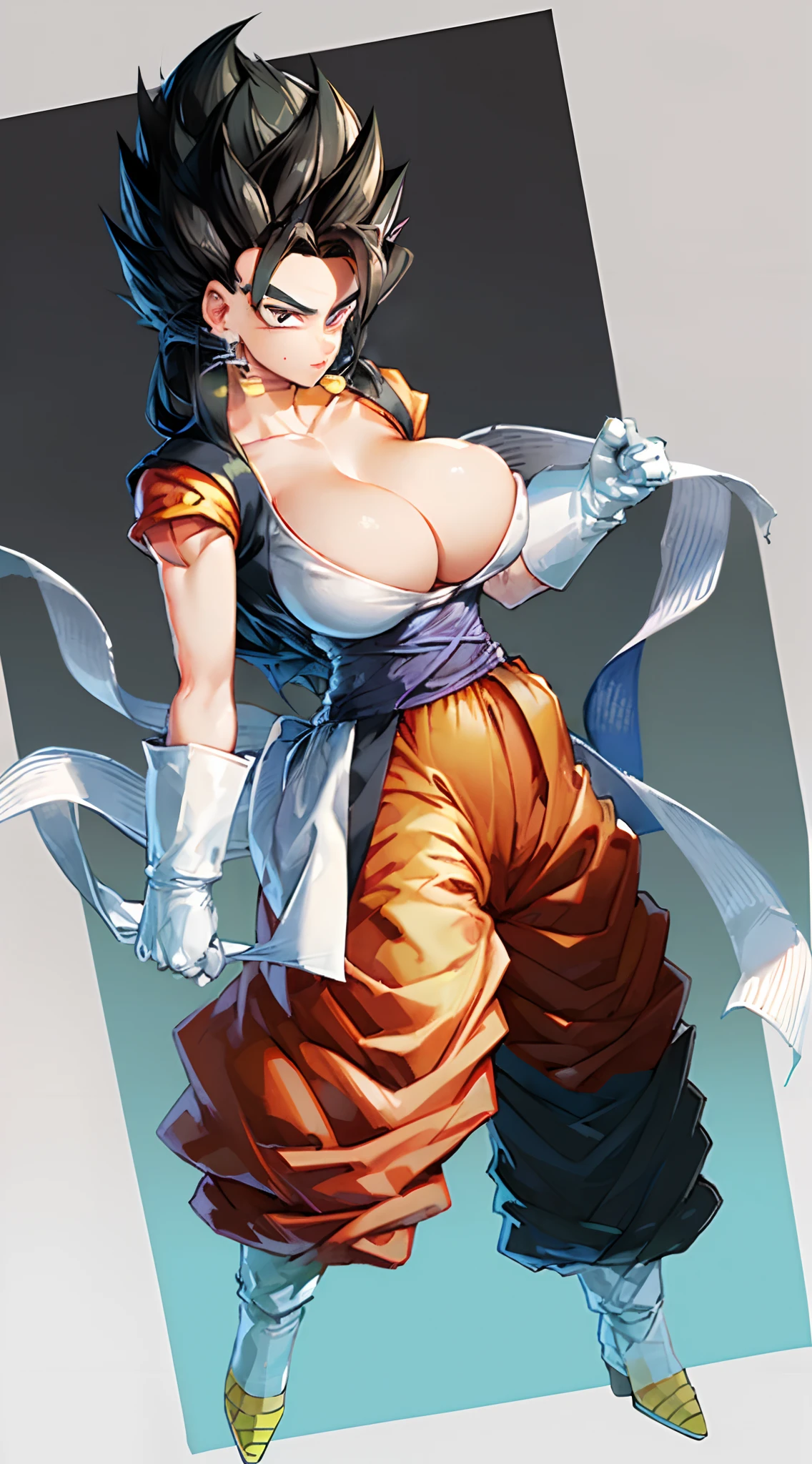 vegetto, 1 sexy girl, spiked hair, potara, white gloves, big tits, big ass, tight suit, victory pose, thin hips, looking at viewer, front view., vegetto, spiked hair, potara, white gloves(( big breasts) ((beach)) ((black hair)) (((detail fingers)) ((pants))