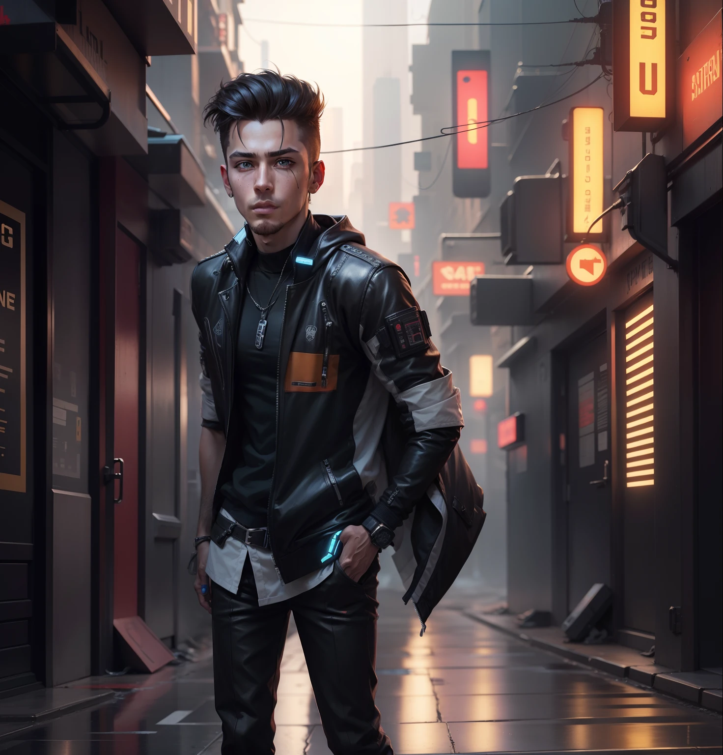 Change background cyberpunk handsome boy, realistic face, 8k, ultra realistic,