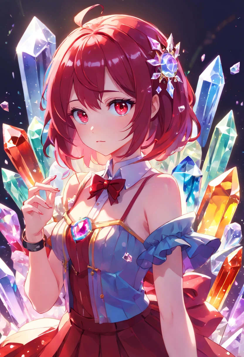 (((crystals texture Hair)))，{{{{{Extremely detailed CG}}}}},{{8K_the wallpaper}},{{{{Crystalline purple gemstone gloves}}}},((Beautiful detailed glass hair)),((Glass shaped texture hand)),((crystallize texture body)),gem body,Hands as clear as jewels,crystallization of clothes,((crystals texture skin)),Sparkle, Lens flare, light  leaks, Broken glass，{{{{detailed glass shaped clothes}}}}， ((Masterpiece)), (((Best quality))), ((Ultra-detailed)), ((illustration)), ((Disheveled hair)), ((frilld)), (1 girl), (Solo), Dynamic Angle, big top sleeves, Floating, beautiful detailed gemstone sky, gemstone sea, Beautiful detailed eyes, Overexposure, side blunt bangs, hairs between eyes, Ribbons, neck bowtie, macaron, Bare shoulders, (((Small breast))), Pleated skirt, crystals texture flowers， ((detailed crystallized clothing)),(gemstone of body)，solofocus,{{{{{{{{Iridescence and rainbow hair:2.5}}}}}}},{{{{{{detailed cute anime face}}}}}},{{}},{{{{{aquarelle_(mediating)}}}},(((Masterpiece))),(((clock))),(((Red))),(((Blood))),finedetail,Depth of field,Blood drop,Blood fog