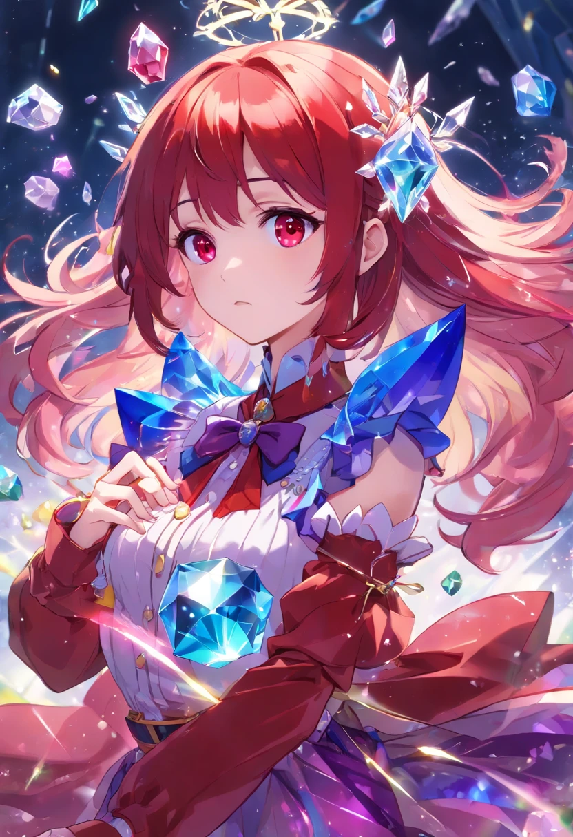(((crystals texture Hair))),{{{{{Extremely detailed CG}}}}},{{8K_the wallpaper}},{{{{Crystalline purple gemstone gloves}}}},((Beautiful detailed glass hair)),((Glass shaped texture hand)),((crystallize texture body)),gem body,Hands as clear as jewels,crystallization of clothes,((crystals texture skin)),Sparkle, Lens flare, light leaks, Broken glass,{{{{detailed glass shaped clothes}}}}, ((Masterpiece)), (((Best quality))), ((Ultra-detailed)), ((illustration)), ((Disheveled hair)), ((frilld)), (1 girl), (Solo), Dynamic Angle, big top sleeves, Floating, beautiful detailed gemstone sky, gemstone sea, Beautiful detailed eyes, Overexposure, side blunt bangs, hairs between eyes, Ribbons, neck bowtie, macaron, Bare shoulders, (((Small breast))), Pleated skirt, crystals texture flowers, ((detailed crystallized clothing)),(gemstone of body),solofocus,{{{{{{{{Iridescence and rainbow hair:2.5}}}}}}},{{{{{{detailed cute anime face}}}}}},{{}},{{{{{aquarelle_(mediating)}}}},(((Masterpiece))),(((clock))),(((Red))),(((Blood))),finedetail,Depth of field,Blood drop,Blood fog