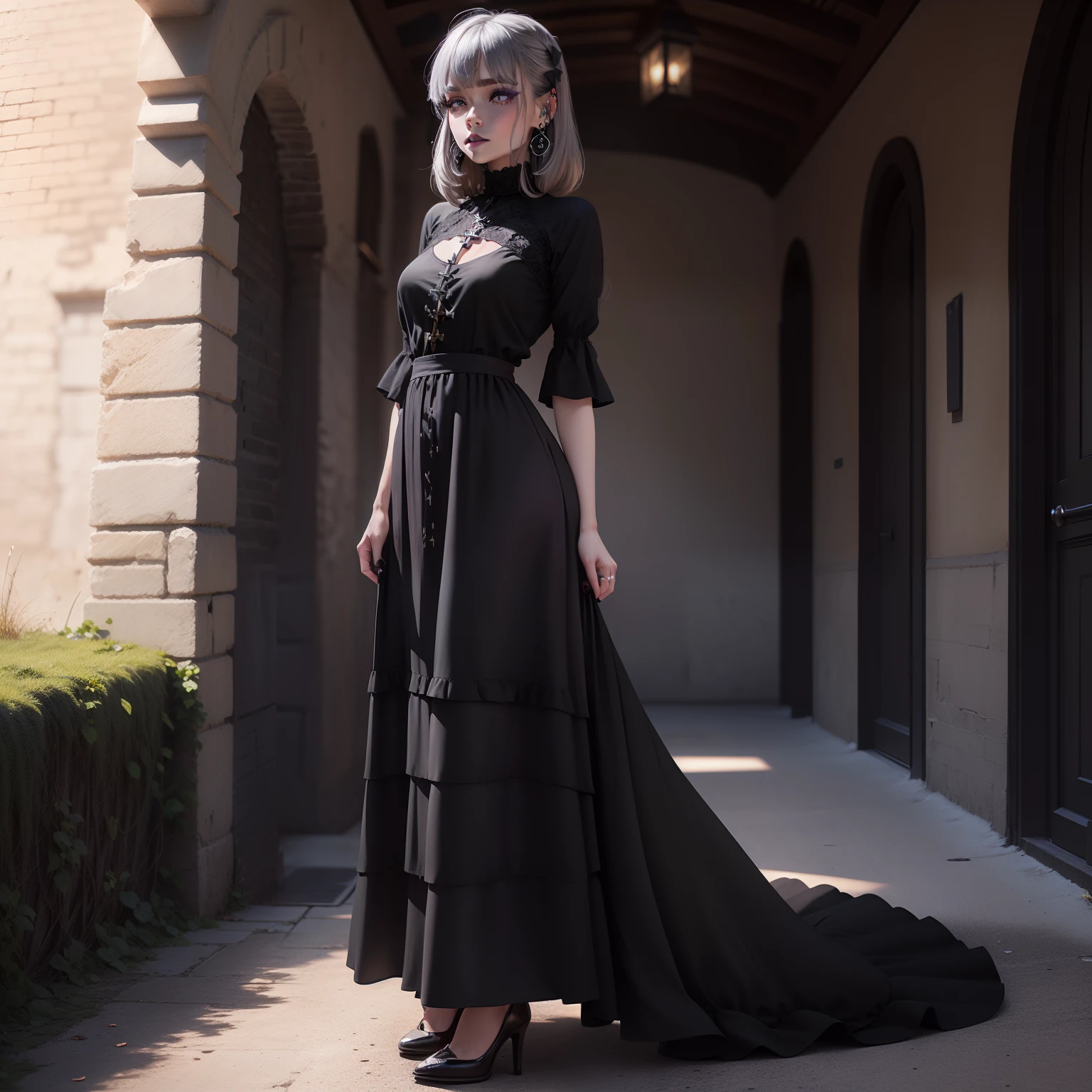 Cute Baby Chibi Anime,(((Chibi 3D))) (Best Quality) (Master Price)、Blake Gothic Lolita Dress, ((Wearing (Black:1.4) And (Dark blue:0.8) very long dress:1.4) With cross motif and lace edges:1.4)), (Wearing short sleeves and a square neckline:1.4), ((wearing a very long skirt:1.4) With a ribbon at the waist:1.4), (Wearing (Black stockings:1.4) And (Shoes with black heels:1.4)),
BREAK (Wearing cross-motif earrings:1.2),
BREAK (Gray hair color:1.4), (Medium hair (Vertical Roll:1.4) and bangs:1.3).
(Rich erotic purple eyeshadow, Purple eyes, Blacklip, radiant eyes, eye trail:1.2),