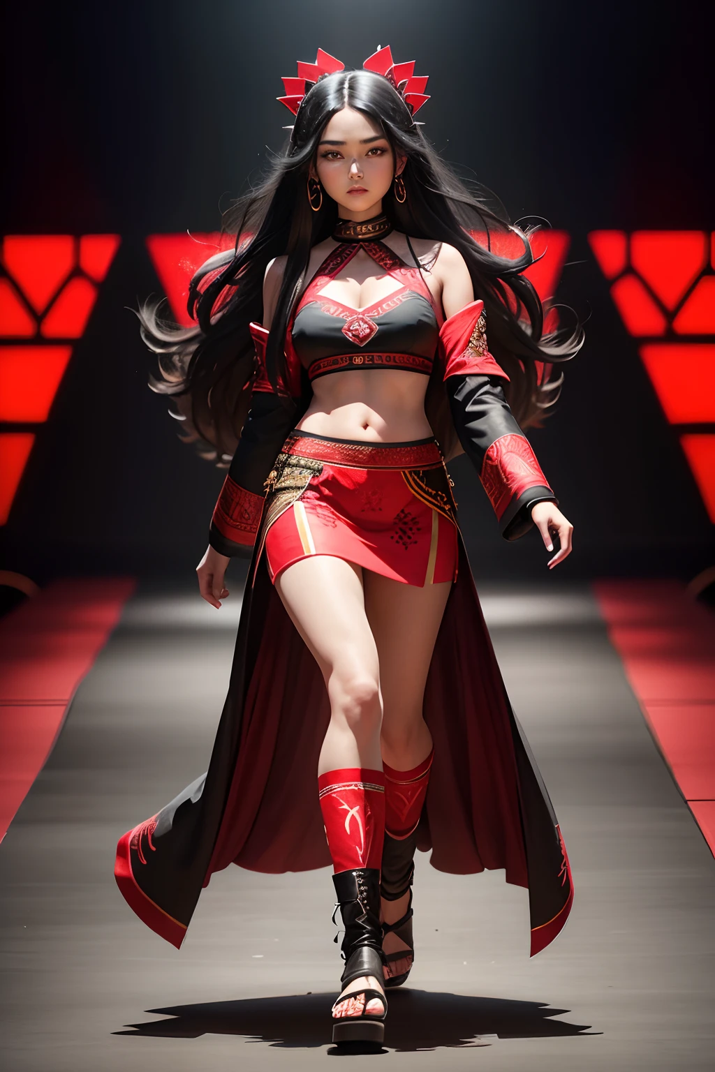 Black long-haired girl walking the catwalk，Wearing an ethnic skirt，The color of the skirt is black and red，It has ethnic motifs on it，The skirt shows off the figure，