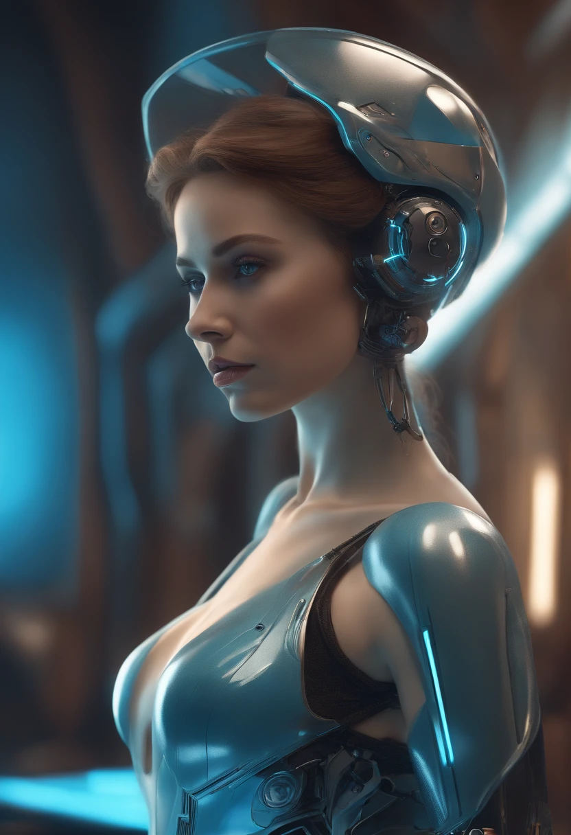 Superb artificial intelligence, Beautiful woman with robotic body, hiperrealista, cinematographic angle, Neon blue blurred background, circuitos aparentes,  Vibrante, Detallado, ZBrush, comic book illustration, tendencias en Artstation. por Peter Mohrapher, por wlop, por Ruan Jia, por Alphonse Mucha, Por Dmitry Prozorov, por Norman Rockwell,