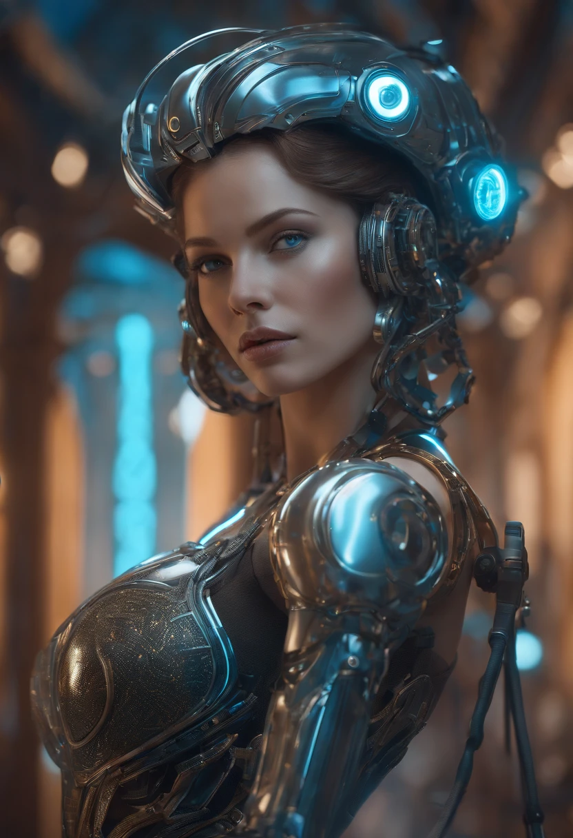 arafed woman in a golden dress standing in front of a futuristic city, heavy metal artwork, grindhouse, donoto giancola, close-up portrait of cyborg, cosmic girl, seventies, protagonist in foreground, inspired by Dave Dorman, mechanic --auto --s2