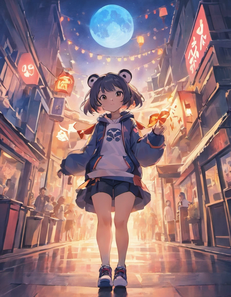 Trendy elements、full moon、Two pandas stood up，Cute pose，Wear sportswear，With a hat on，Run towards the camera，themoon，As estrelas，The lights will be lit、fire works、celebrating、enviroment、Plaza、the night、celebrating、Artistically、device、decor、resource，high definition resolution