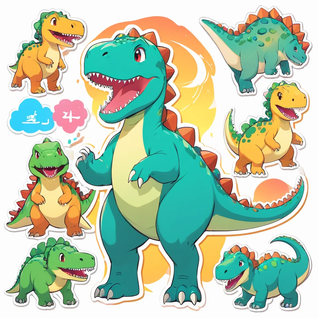 Kawaii happy dinosaur stickers , vector , outlines , White background