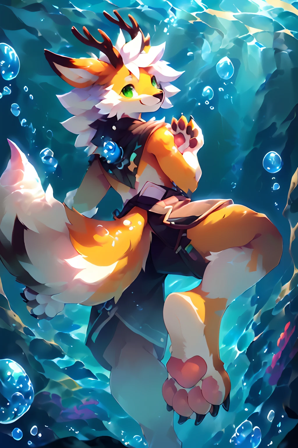 (((Looking back,Fake smile))), ((( \(parfect anatomy\)))),, Strong, (from back), ((Show your paws,Foot focus,clawed paws)), ((Underwater, Bubble, airbubble，The fish)), green eyes, deer's horns, black tail, fluffy mane, fox,  yellow body, White hair