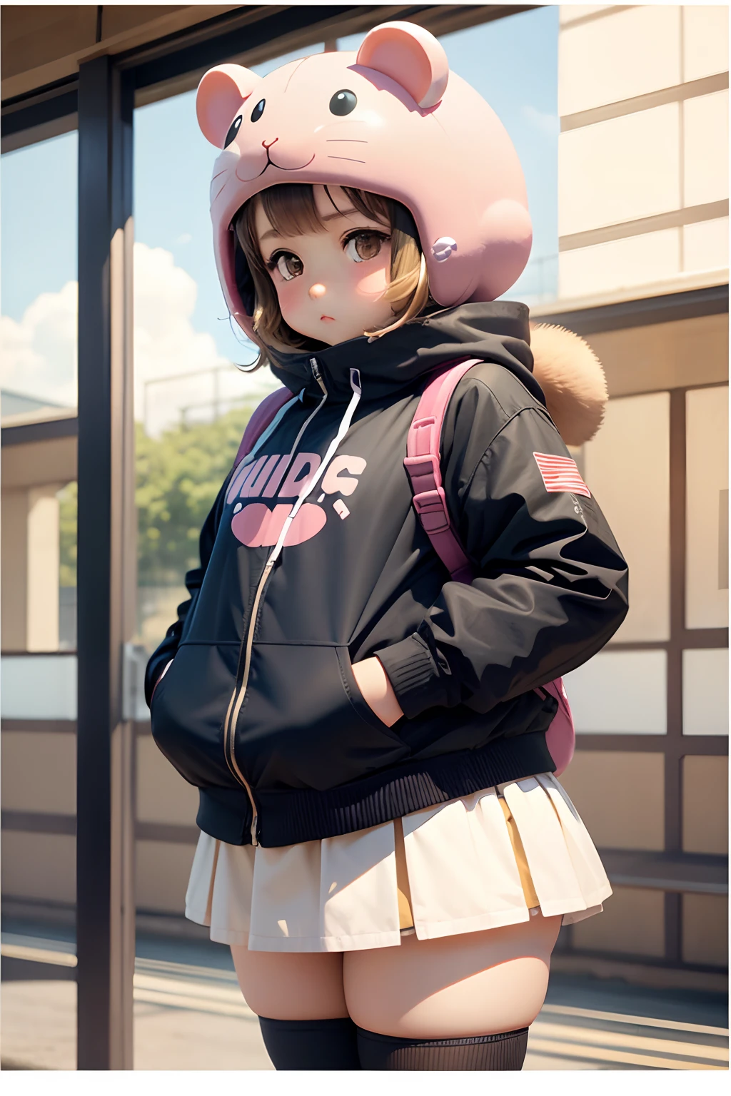 Hamster headgear、middle school girl、Angry with raised eyebrows、Thick、Muchimuchi、Plump