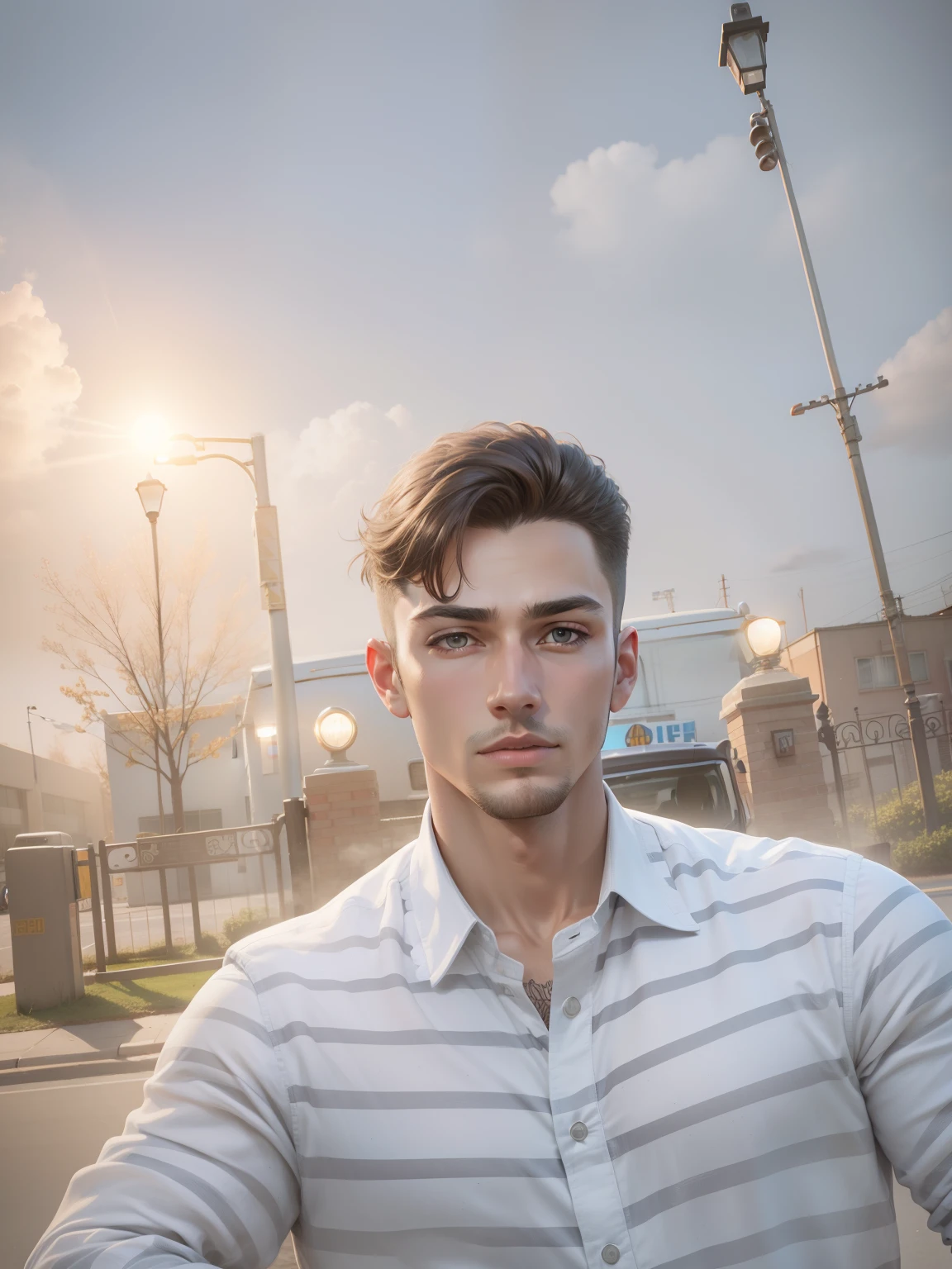 Handsome boy, realistic face, with car