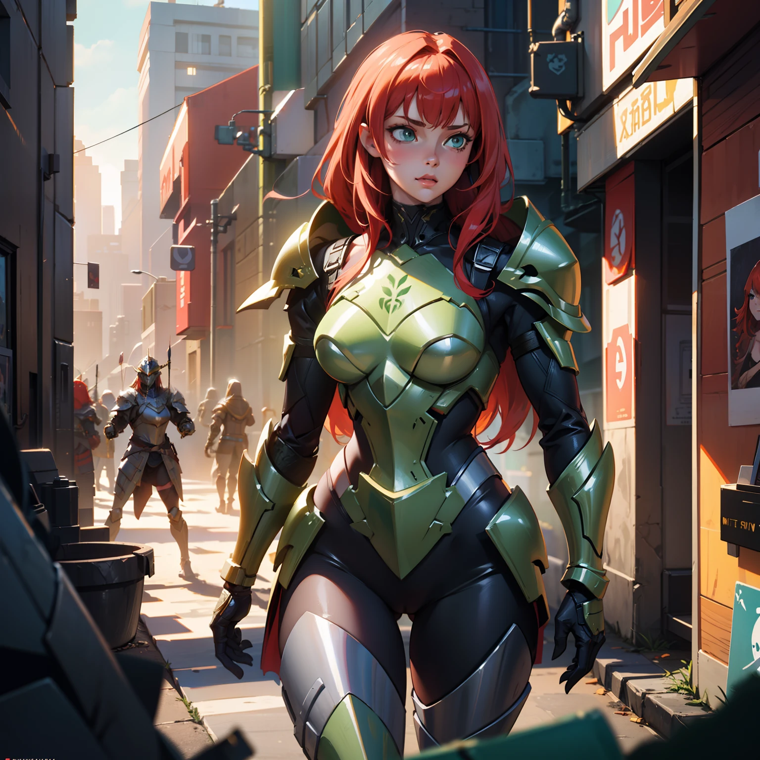 1girl, knight armor, gold armor, no helmet, redhead hair, green eyes, Armor only from the waist up, sexy, bottomless, no panties, happy, Fantasy, Octane render, Cinematic lighting, Otherworldy, Highly detailed, Character design, Trending on Artstation, Anime, 8K, Cyberpunk, HD, Intricate, Sharp Focus, Concept Art, Artstation, Digital painting, Concept art
