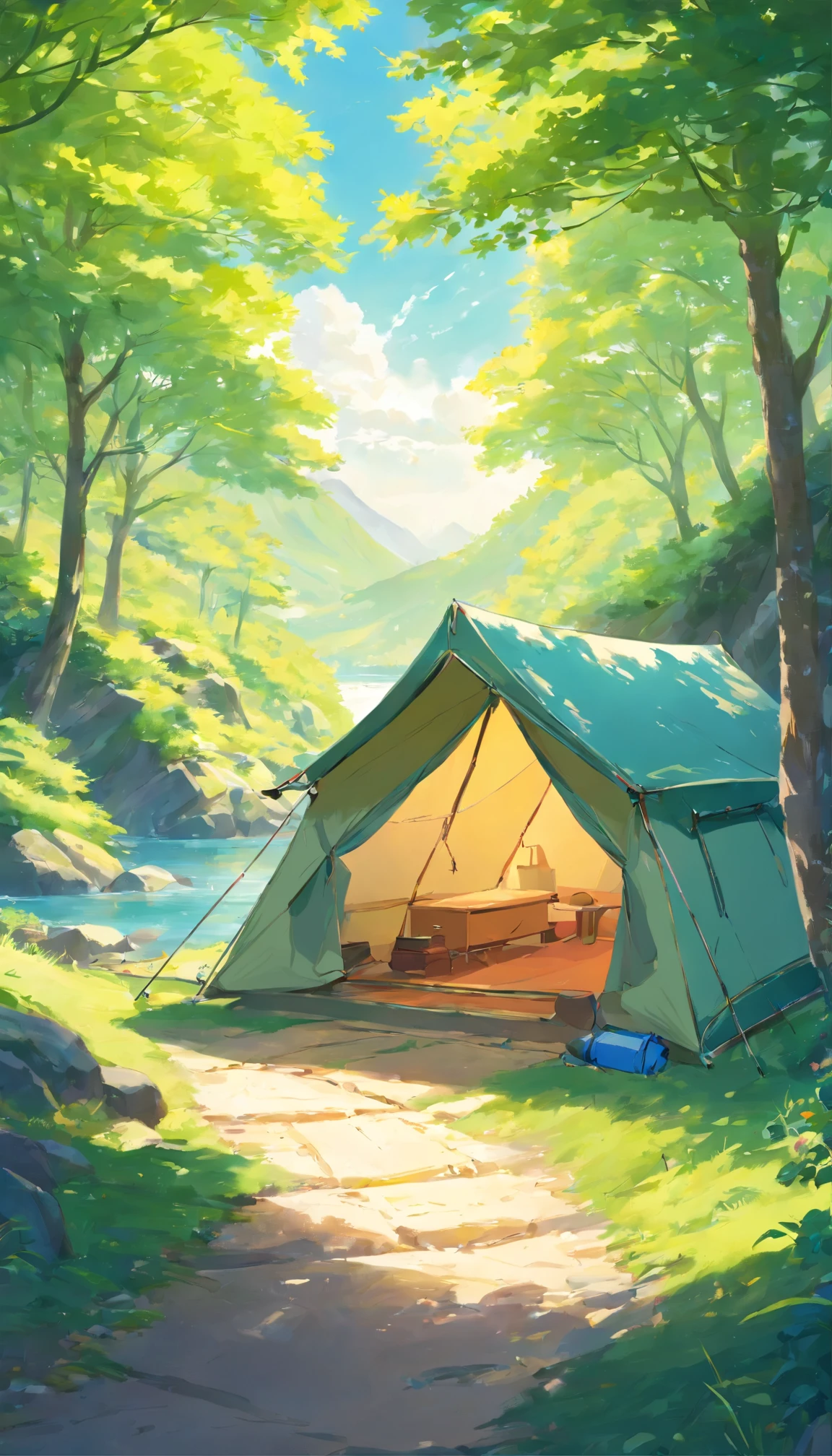 Mountainside，Tunnel tent on the right，There is a lake under Mt，In the distant background is a large mountain，The morning sun hits the tent，There are several cherry trees next to the tent，Faraway view，Beautiful，Artistic concept