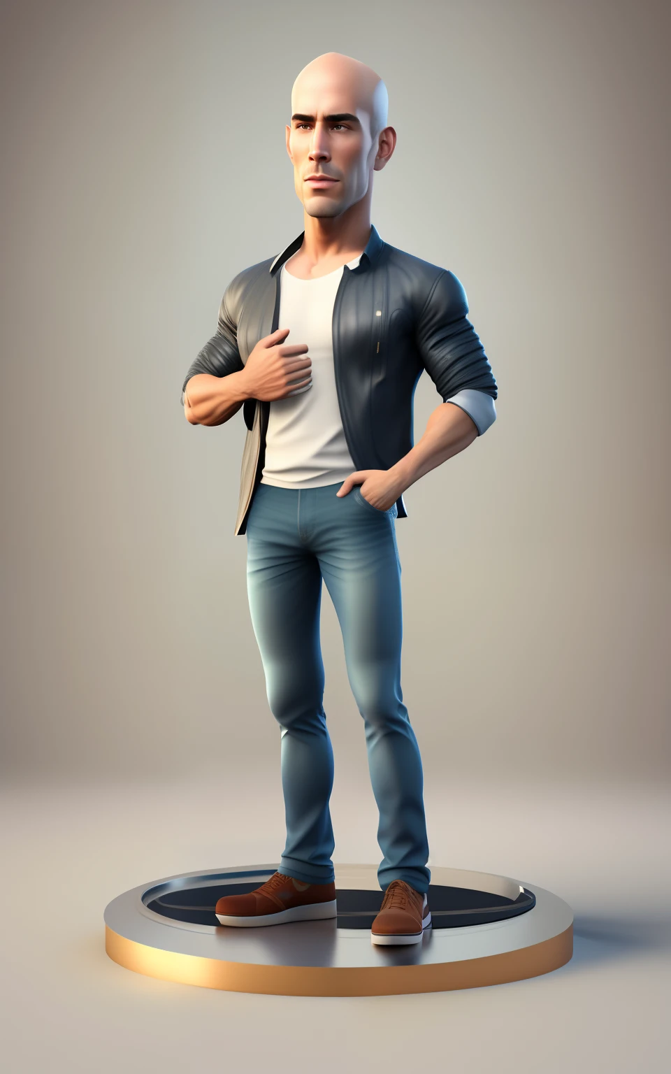 a close up of a man standing on a pedestal with a jacket on, full body model, full body portrait, full body realistic portrait, casual pose, realistic portrait full body, photorealistic full body, arnold render, full body portrait posing, full body portrait shot, model standing pose, 3 d character render, arnold 3d render, arnold 3 d render
