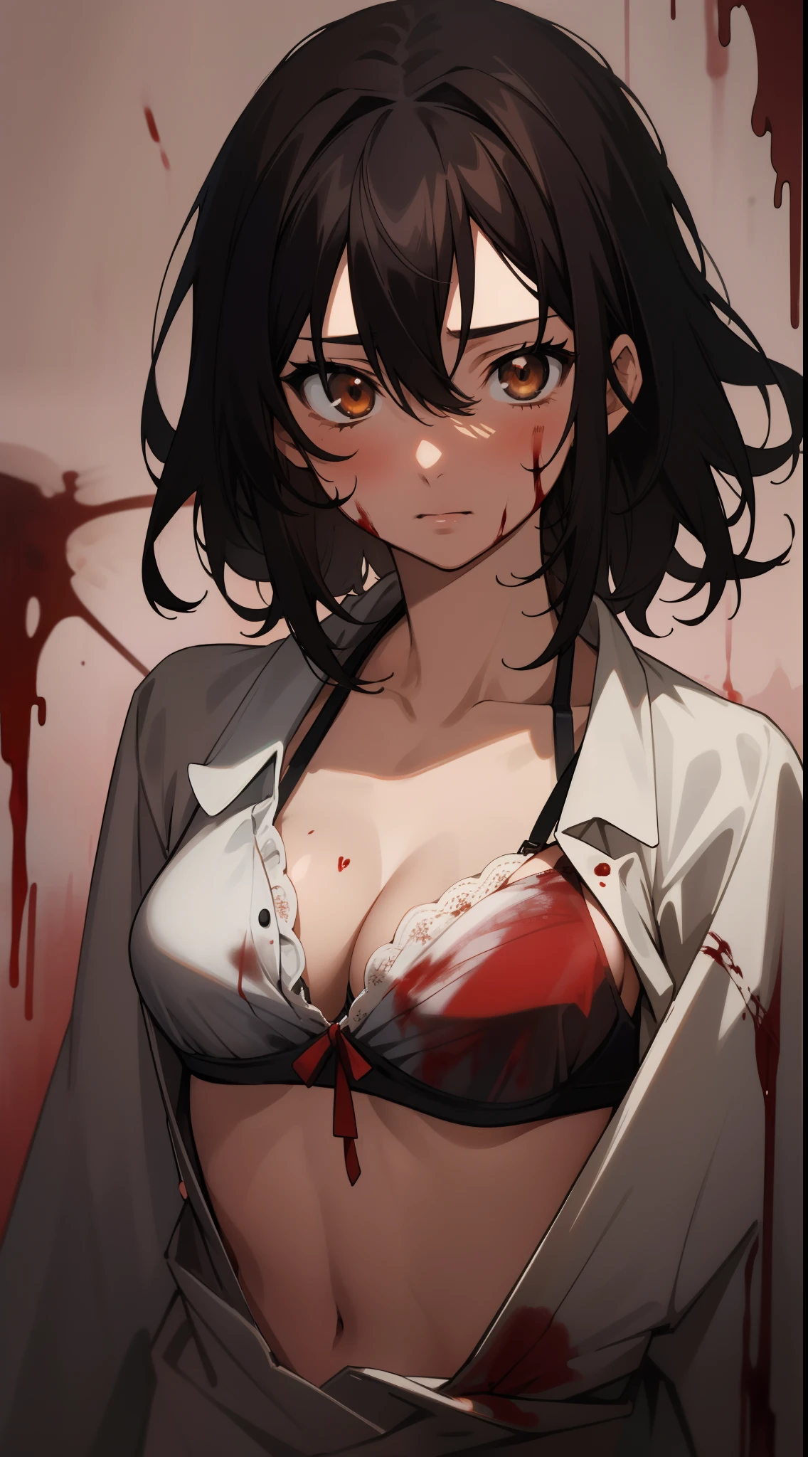 masterpiece, best quality, 1 girl, himeragi yukina, brown eyes, black hair, hair between eyes, medium hair, medium breasts, perfect anatomy, ((upper body)), ((blood on face, blood on body)), ((bra)), evil, cruel, ((torturer))