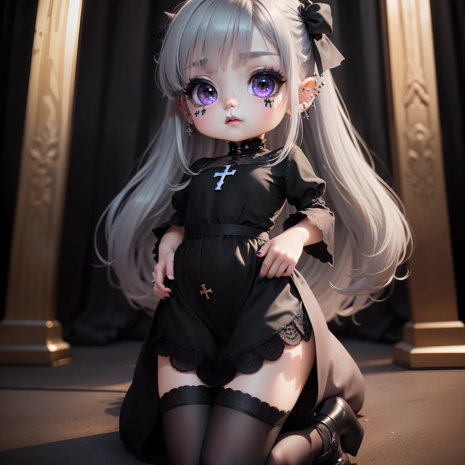Cute Chibi Anime,(((Chibi 3D))) (Best Quality) (Master Price)、Blake Gothic Lolita Dress, ((Wearing (Black:1.4) And (Dark blue:0.8) very long dress:1.4) With cross motif and lace edges:1.4)), (Wearing short sleeves and a square neckline:1.4), ((wearing a very long skirt:1.4) With a ribbon at the waist:1.4), (Wearing (Black stockings:1.4) And (Shoes with black heels:1.4)),
BREAK (Wearing piercings with a cross motif:1.2),
BREAK (Gray hair color:1.4), (Medium Hair (Vertical roll:1.4) and bangs:1.3).
(Rich erotic purple eyeshadow, Purple eyes, Blacklip, radiant eyes, eye trail:1.2),(Chibi:1.5)