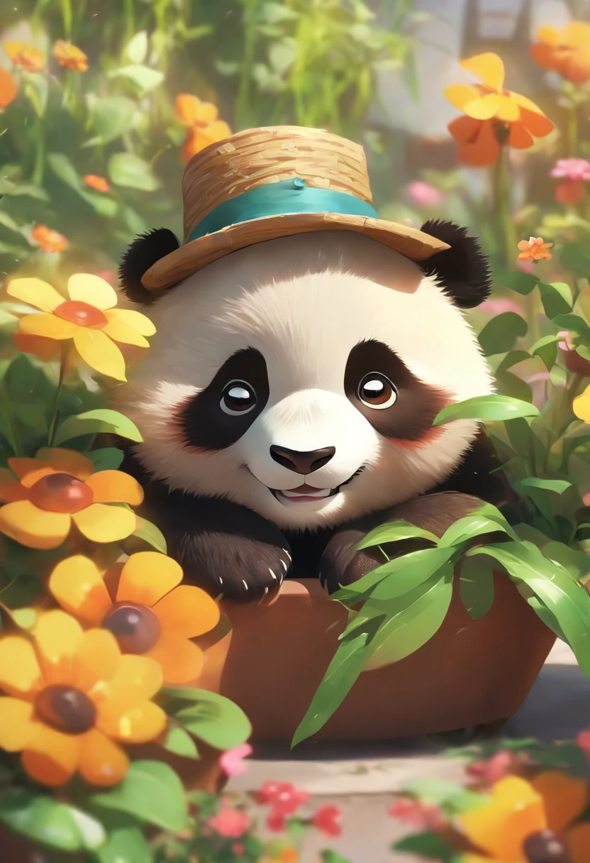 A cute panda lying on his stomach in a flower pot,With a hat on,Lazy,greet,high detal