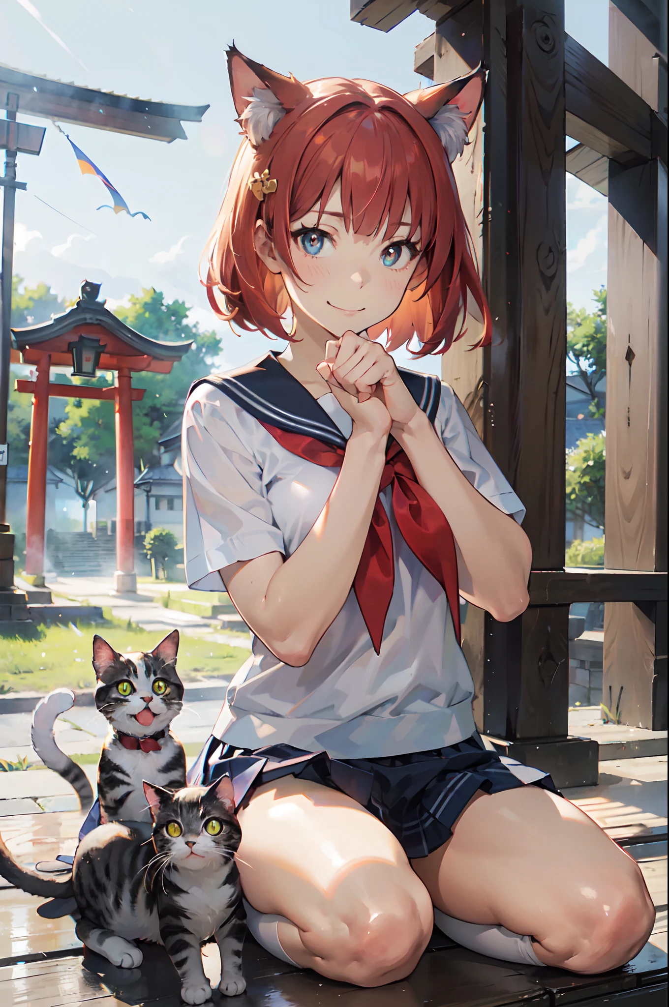 masutepiece, Best Quality, Detailed beautiful face and eyes, Full body, The best illustrations, PastelColors, (jpn、Shrine 1.4), Red torii gate, beauitful face, blurry backround, 10 year old beautiful girl, shinny skin, (1The tail of a cat in a book grows:1.3), Sharp pupils, Realistic pupils, Glowing red hair, bob cuts, Eyes are yellow, Cat's ears, Floral hair ornament, Happy expression on face、Curve, (a sailor suit、plaid skirts、knee sox:1.2), facing front、PAW Pose、White panties are visible