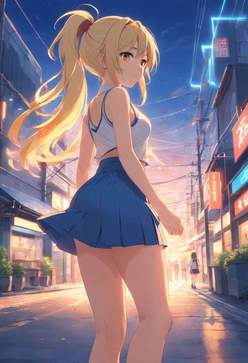 Isuzu Sento,long hair,ponytail,blonde,golden eyes,huge bust,short skirt,exposed panties,thighs,(best quality,4k,8k,highres,masterpiece:1.2),ultra-detailed,(realistic,photorealistic,photo-realistic:1.37),pin-up,(vibrant colors,bright colors,eye-catching colors),(soft lighting,glowing light)