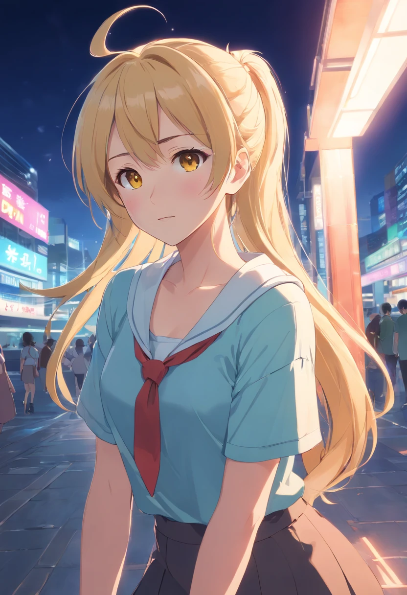 Isuzu Sento,long hair,ponytail,blonde,golden eyes,huge bust,short skirt,exposed panties,thighs,(best quality,4k,8k,highres,masterpiece:1.2),ultra-detailed,(realistic,photorealistic,photo-realistic:1.37),pin-up,(vibrant colors,bright colors,eye-catching colors),(soft lighting,glowing light)