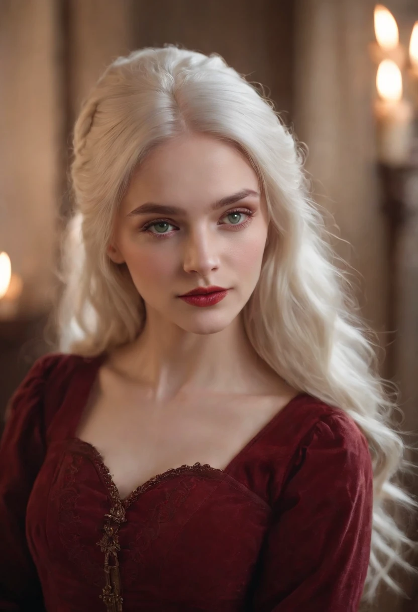 (((a deep reddish wound crosses her left cheek))) fair complexion, woman around 19 years old, natural white hair, distinctive green eyes, wearing kohl, slender and graceful, beautiful, candlelight in a medieval setting, ultra sharp focus, realistic shot, medieval female clothes, tetradic colors (scar:1.4)