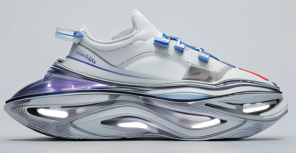 Close-up of shoes,There are laces on it, Futuristic Balenciaga sneakers, futuristic sneakers, inflatable future shoes, futuristic hi-tech details, sneaker design, Futuristic style, futuristic and ethereal, Very futuristic, wearing futuristic, in style of zaha hadid, inspired by Zha Shibiao, white biomechanical details
