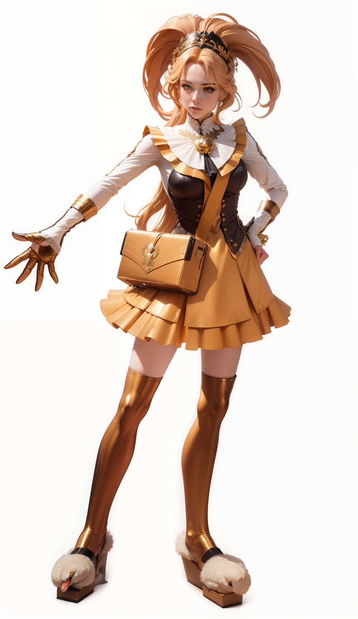 ((Full-length photo, standing, feet on the ground))  ybv1, 1girl, smile, hands on hips, hair flower, gold earrings, gold hairband, holding weapon, dual wielding, long hair, red eyes, rose, short hair with long locks, sidelocks, black thighhighs, thighhighs, fishnet pantyhose
