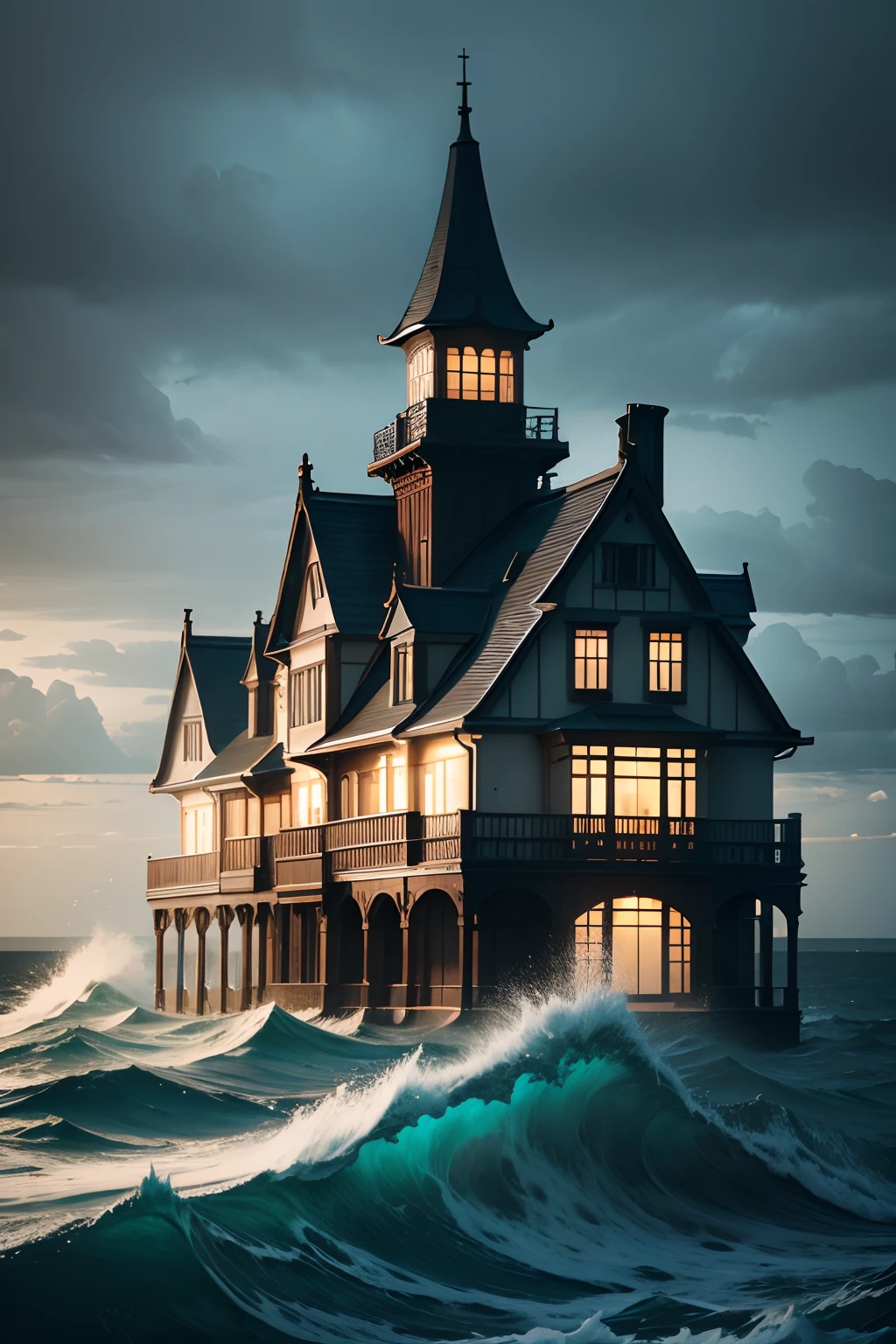 A mansion built in the middle of a rough sea、The sea is rough and thundering、Only the lights in the house are shining、top-quality、Detailed background