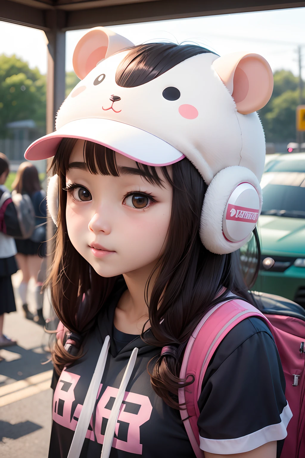 masterpiece, best quality, highres, realistic, 1girl, highschool girl, 17 y.o, long hair, one side up, solo, ponytail,brown hair, bare shoulders, pink shirt, f short sleeves, off-shoulder shirt, frills, blue skirt, cowboy shot, smile,standing, holding red backpack, (backpack:1.1), wearing white headphones, (headphone:1.2)