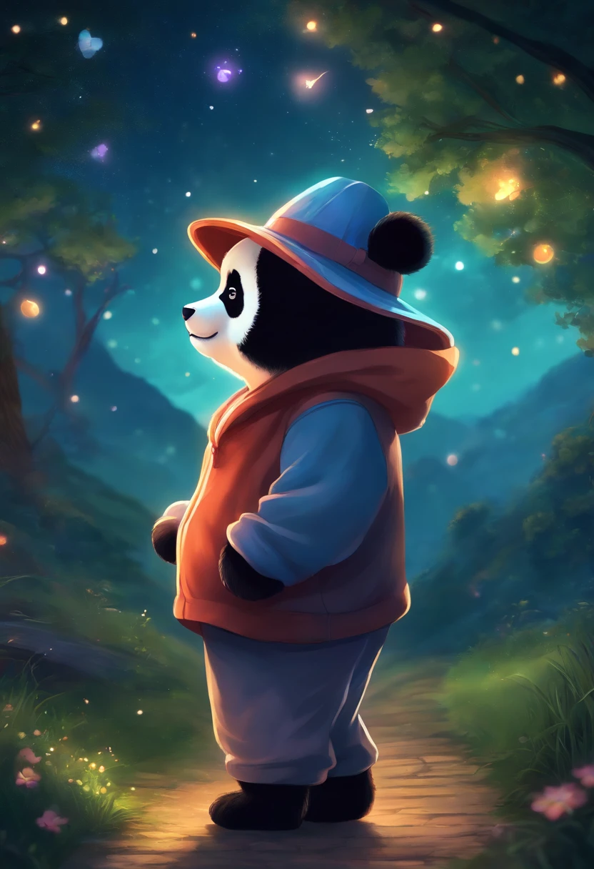 A cute panda, Wear a sweatshirt，With a hat on, fantasy, emphasis lighting, spectral color, anime big breast, A winding path illuminated by a million stars.