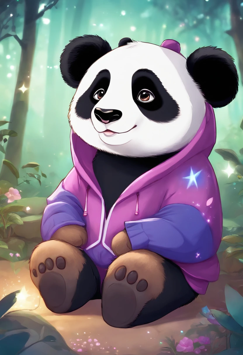 A cute panda, Wear a sweatshirt,With a hat on, fantasy, emphasis lighting, spectral color, anime big breast, A winding path illuminated by a million stars.