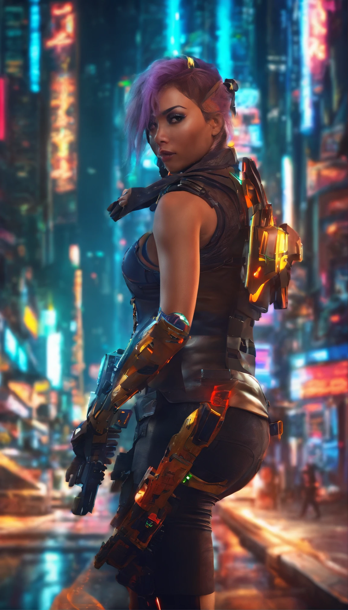 Cyberpunk style female warrior，demihuman, Semi-mechanized female warrior，Combat posture，majestic-looking，The feeling of moving forward，Stunning colors，Set in a futuristic cyberpunk style city，the street，The city crowd was packed，（Movie lighting），（light and shadow effect），（unreal-engine），（Tyndall），（cinema4d），（Super futuristic fantasy style），（8k wallpaper），（tmasterpiece），（Photography Award），realisticlying