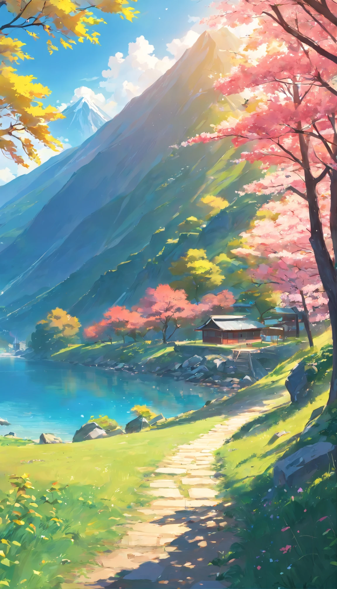 Mountainside,Tunnel tent on the right,There is a lake under Mt,In the distant background is a large mountain,The morning sun hits the tent,There are several cherry trees next to the tent,Faraway view,Beautiful,Artistic concept