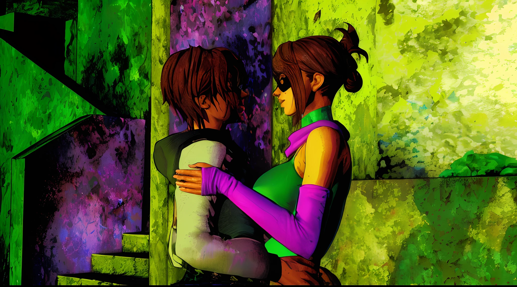 anime image of a couple of people with a green mask, comic digital art, velma, stylised comic art, digital art. colorful comic, jet set radio artwork, robin, epic comic book style, comic artwork, jet set radio, comics style art, 8k comic art, nick silva and ilya kuvshinov, teen titans, comic book style art