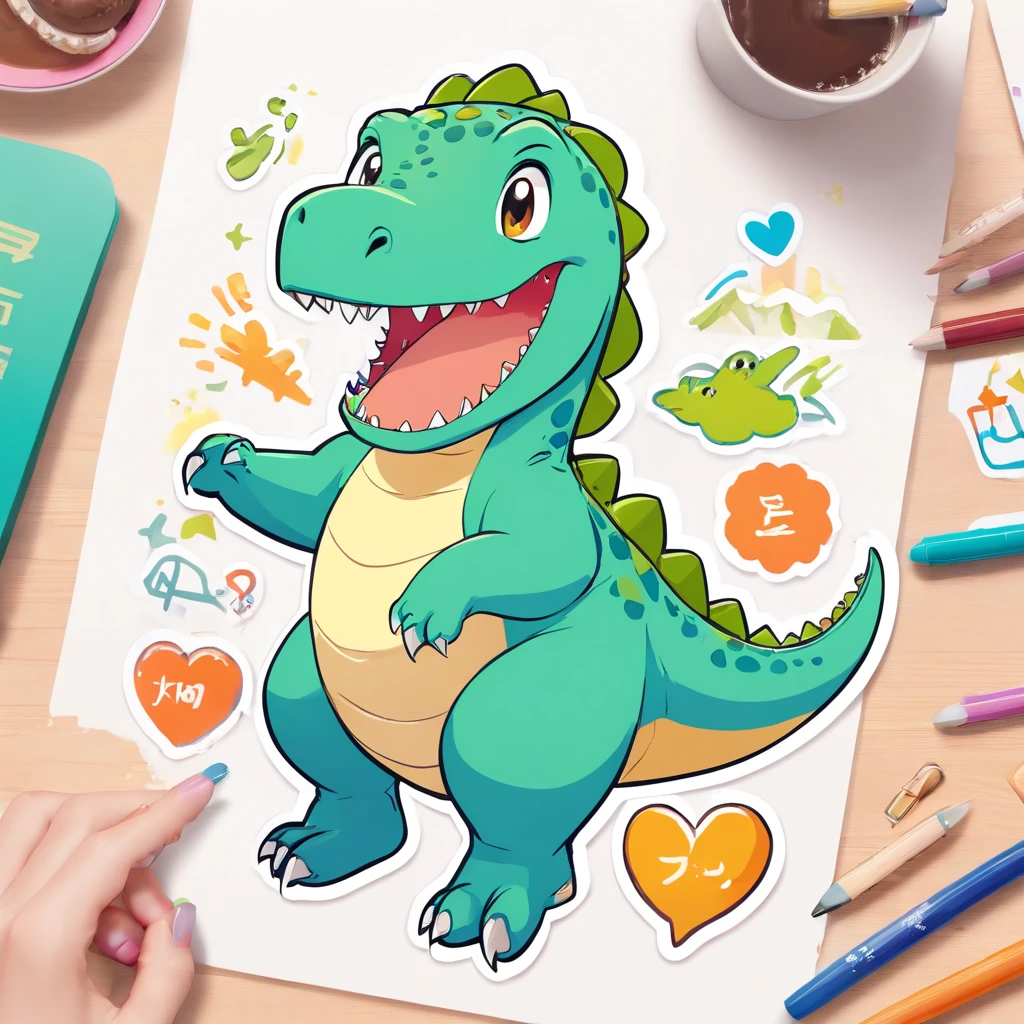 Kawaii happy dinosaur stickers , vector , outlines , White background