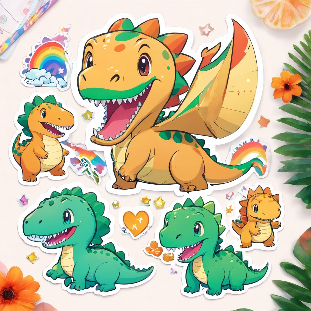 Kawaii happy dinosaur stickers , vector , outlines , White background