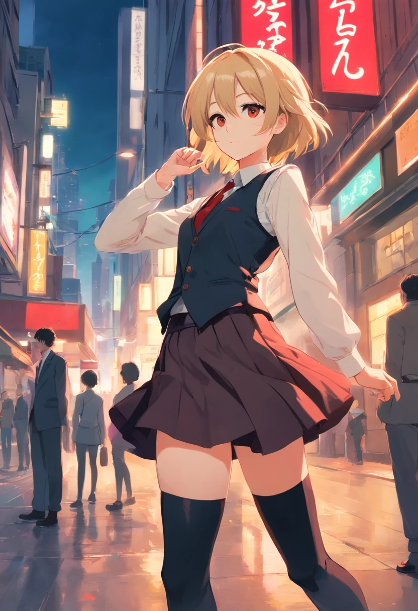 (onegirl) is a girl with white skin, black eyes with white pupils. She has shoulder-length blonde hair, with large strands on top of her hair. She wears a black vest buttoned with brown buttons; a blood red dress shirt, along with a black tie. At the same time she also wears a dark red skirt. On her shoes she wears large black boots with a light brown button on the sides and red soles.