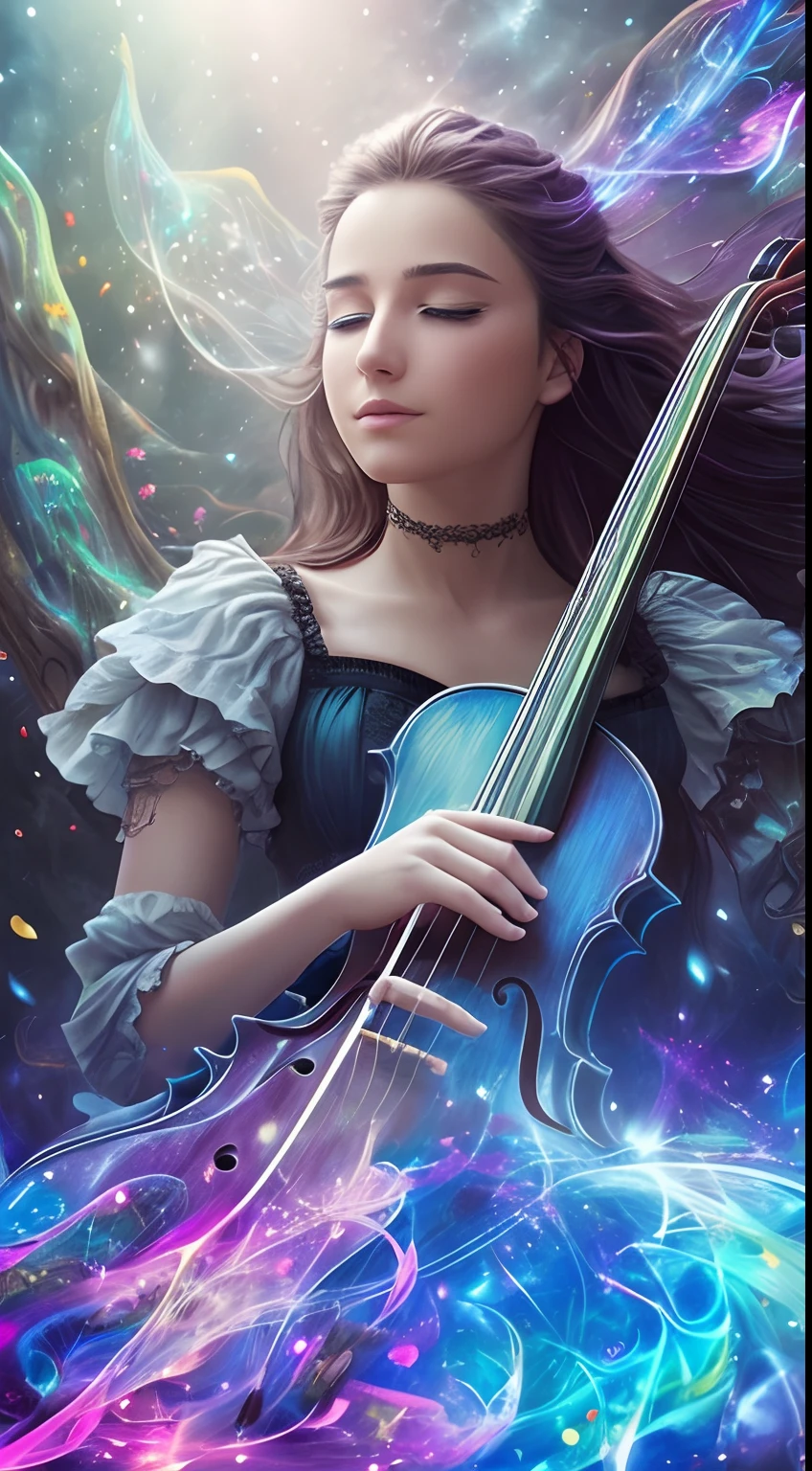 HDR 4k, 8k, Fantasyart, Stunning illustration, detalles preciosos, obra maestra ultra detallada, hiperdetallada, cuidadosamente detallada, Living Symphony": A prodigious violinist whose violin is made of magical wood that responds to her emotions. Cuando toca, Music materializes in colors and shapes that dance in the air, creating a unique visual and auditory spectacle.