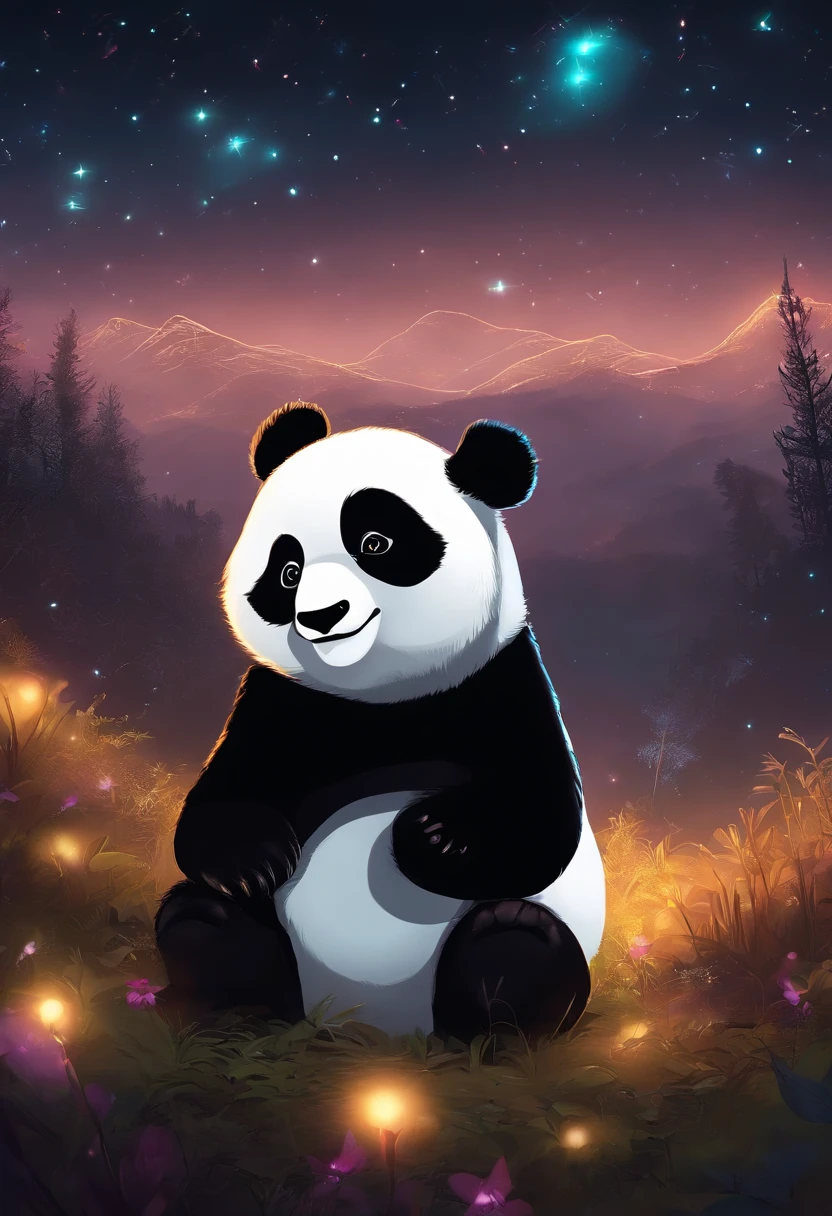 A cute panda, Wear a sweatshirt,With a hat on, fantasy, emphasis lighting, spectral color, anime big breast, A winding path illuminated by a million stars.