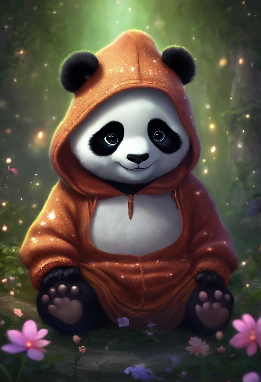 A cute panda, Wear a sweatshirt,With a hat on, fantasy, emphasis lighting, spectral color, anime big breast, A winding path illuminated by a million stars.