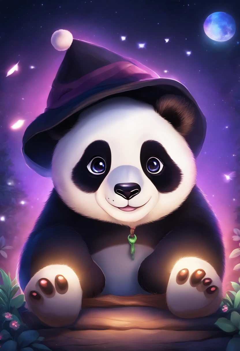 A cute panda, Wear a sweatshirt,With a hat on, fantasy, emphasis lighting, spectral color, anime big breast, A winding path illuminated by a million stars.