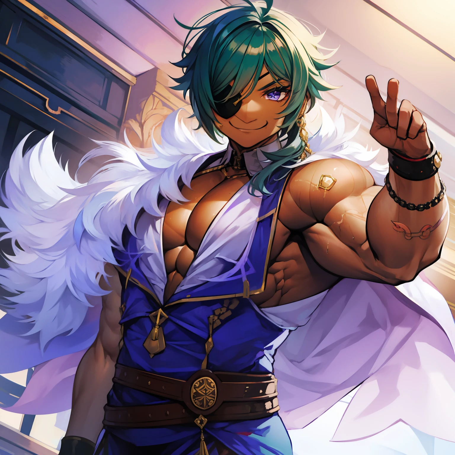 Kaeya , Evil , corruption, 1Boy ,solo,(( tan Skin:1.2)), eye patch, Smile, Muscular